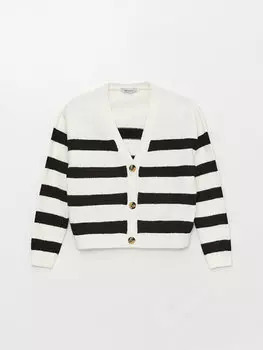 Женский трикотажный кардиган в полоску с V-образным вырезом и длинными рукавами LCW Casual, экрю