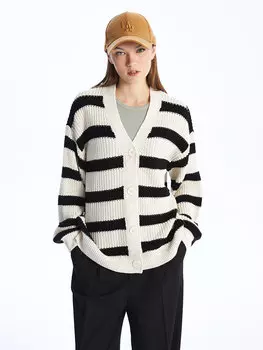 Женский трикотажный кардиган в полоску с V-образным вырезом и длинными рукавами LCW Casual, экрю