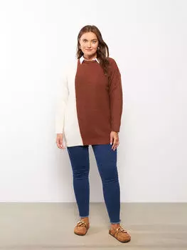 Женский трикотажный свитер большого размера с круглым вырезом и цветными блоками с длинным рукавом LC WaikikiI