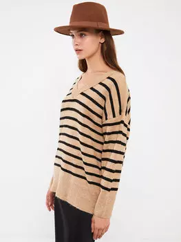 Женский трикотажный свитер большого размера в полоску с V-образным вырезом и длинными рукавами LCW Casual