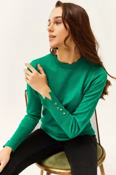 Женский трикотажный свитер изумрудно-зеленого цвета с разрезом на манжетах и пуговицах Olalook, зеленый
