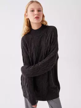 Женский трикотажный свитер оверсайз с длинными рукавами и полуводолазкой с собственным узором LCW Casual, антрацит меланж