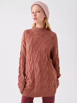 Женский трикотажный свитер оверсайз с длинными рукавами и полуводолазкой с собственным узором LCW Casual, коричневый