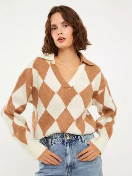 Женский трикотажный свитер с длинным рукавом и узором с вырезом поло LCW Casual