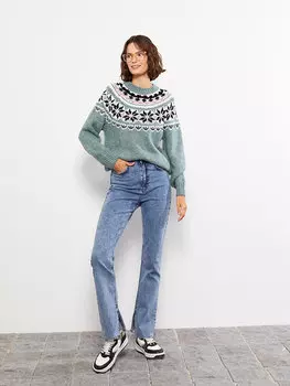 Женский трикотажный свитер с длинным рукавом и круглым вырезом с рисунком LCW Casual, светло-мятно-зеленый