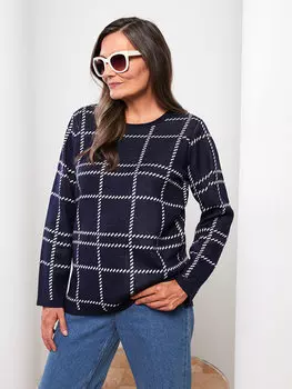 Женский трикотажный свитер с длинным рукавом и круглым вырезом с рисунком LCW Grace, темно-синий плед