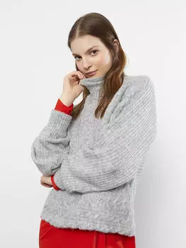 Женский трикотажный свитер с длинным рукавом и полуводолазкой с рисунком LCW Casual, серый меланж