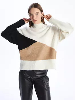 Женский трикотажный свитер с длинным рукавом и полуводолазкой с цветными блоками LCW Vision