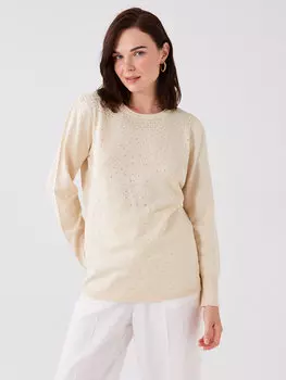Женский трикотажный свитер с длинным рукавом с круглым вырезом и каменным принтом LCW Grace, светло-бежевый