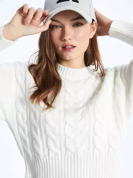 Женский трикотажный свитер с длинным рукавом с круглым вырезом и узором LCW Casual, экрю