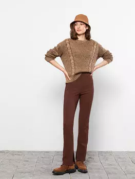 Женский трикотажный свитер с длинным рукавом с круглым вырезом и узором LCW Casual, коричневый меланж