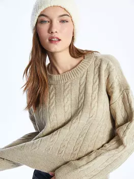 Женский трикотажный свитер с длинным рукавом с круглым вырезом и узором LCW Casual, светло-бежевый