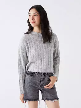 Женский трикотажный свитер с длинным рукавом с круглым вырезом и узором LCW Casual, серый меланж