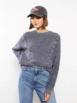 Женский трикотажный свитер с длинным рукавом с круглым вырезом и узором LCW Casual, индиго меланж