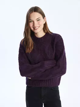 Женский трикотажный свитер с длинным рукавом с круглым вырезом и узором LCW Casual, темно фиолетовый