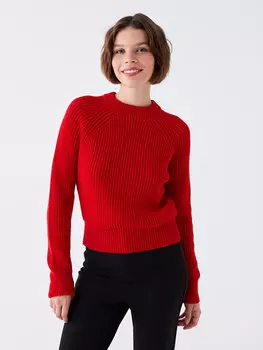Женский трикотажный свитер с длинным рукавом с круглым вырезом и узором LCW Casual, яркий красный