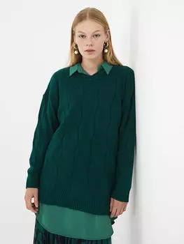 Женский трикотажный свитер с длинным рукавом с круглым вырезом и узором LCWAIKIKI Classic, средне-зеленый