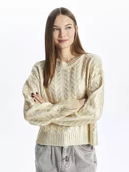 Женский трикотажный свитер с длинным рукавом с круглым вырезом и узором XSIDE, золото