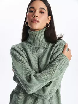 Женский трикотажный свитер с длинными рукавами и водолазкой с узором LCW Casual, бледно-зеленый