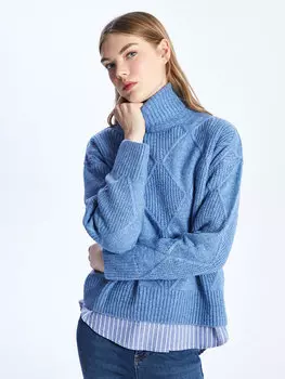 Женский трикотажный свитер с длинными рукавами и водолазкой с узором LCW Casual, средний синий