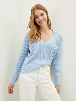 Женский трикотажный свитер с длинными рукавами и V-образным вырезом LCW Casual, светло-синий