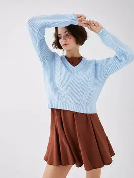 Женский трикотажный свитер с длинными рукавами и V-образным вырезом LCW Casual, светло-синий