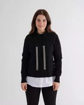 Женский трикотажный свитер с капюшоном и юбкой по подолу October, черный