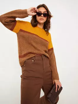 Женский трикотажный свитер с круглым вырезом и цветными блоками с длинным рукавом LCWAIKIKI Classic