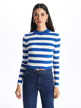 Женский трикотажный свитер с круглым вырезом и длинными рукавами с цветными блоками LCW Casual, сакс полосатый