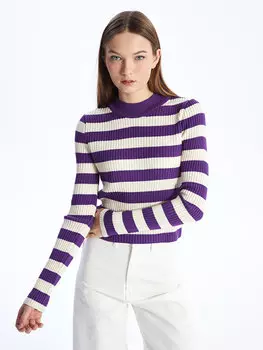 Женский трикотажный свитер с круглым вырезом и длинными рукавами с цветными блоками LCW Casual, фиолетовый полосатый