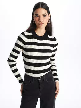 Женский трикотажный свитер с круглым вырезом и длинными рукавами с цветными блоками LCW Casual, черная полосатая 5