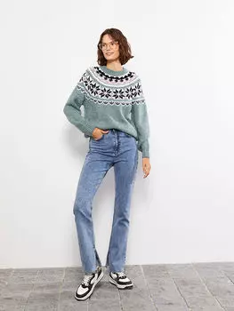 Женский трикотажный свитер с круглым вырезом и длинными рукавами LCW Casual