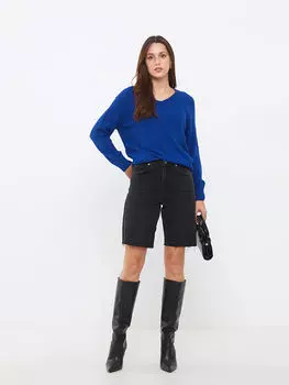 Женский трикотажный свитер с V-образным вырезом и длинным рукавом LC Waikiki Basic