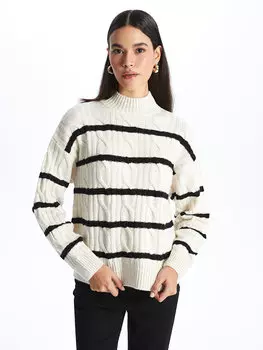 Женский трикотажный свитер в полоску с длинным рукавом и полуводолазкой LCW Casual, экрю