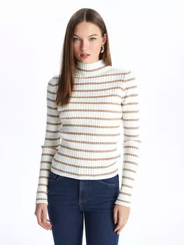 Женский трикотажный свитер в полоску с длинным рукавом и полуводолазкой LCW Casual, бежевый полосатый
