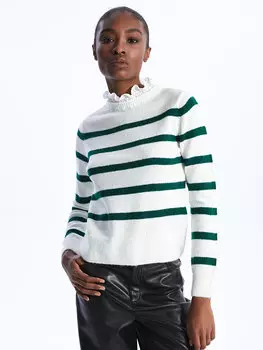 Женский трикотажный свитер в полоску с длинными рукавами и высоким воротником с рюшами LCW Vision, зеленый полосатый