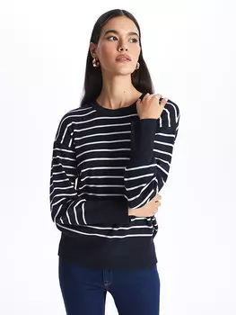 Женский трикотажный свитер в полоску с круглым вырезом и длинными рукавами LCW Casual, светло-темно-синий