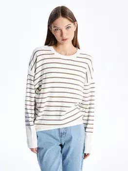 Женский трикотажный свитер в полоску с круглым вырезом и длинными рукавами LCW Casual, бежевый