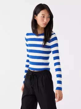 Женский трикотажный свитер в полоску с круглым вырезом и длинными рукавами LCW Casual, светло-темно-синий