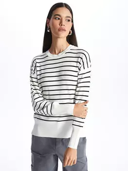 Женский трикотажный свитер в полоску с круглым вырезом и длинными рукавами LCW Casual, экрю