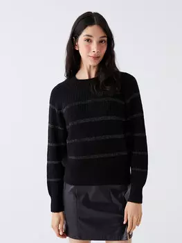 Женский трикотажный свитер в полоску с круглым вырезом и длинными рукавами LCW Casual, черный
