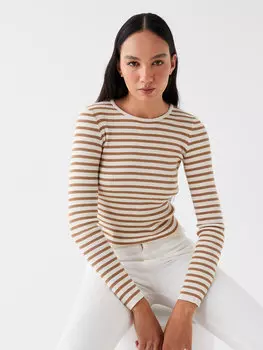 Женский трикотажный свитер в полоску с круглым вырезом и длинными рукавами LCW Vision, верблюжья шерсть в полоску
