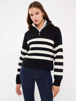 Женский трикотажный свитер в полоску с высоким воротником и длинными рукавами LCW Casual, темно-синий