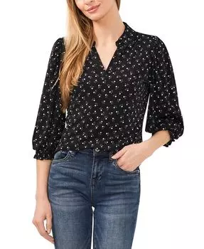 Женский трикотажный топ с рукавами 3/4 и воротником с разрезом CeCe, черный