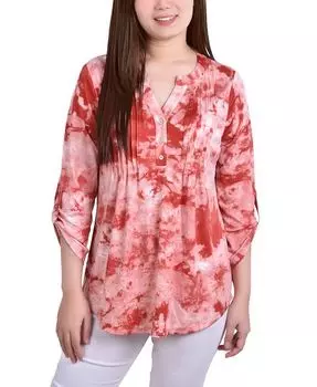 Женский трикотажный жаккардовый топ с отвернутыми рукавами 3/4 и язычком NY Collection, цвет Poppy Red Tiedye