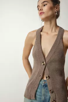 Женский трикотажный жилет из норки с воротником-халтером и пуговицами Happiness Istanbul, коричневый