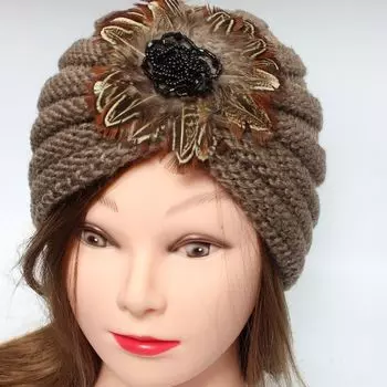 Женский тюрбан, модный вязаный бордо с перьями и цветами Justfox, бежевый