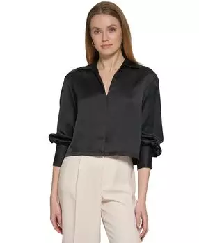 Женский укороченный атласный топ с разрезом на шее и длинными рукавами DKNY, черный