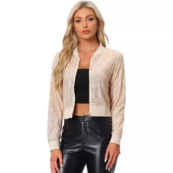 Женский укороченный бомбер с блестками и молниями ALLEGRA K, цвет Apricots