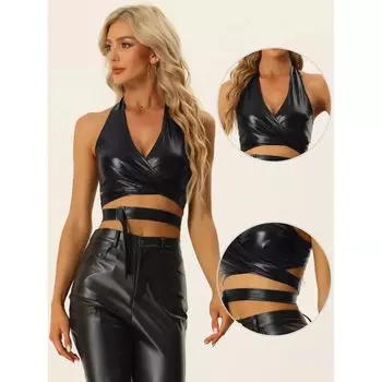 Женский укороченный голографический топ с глубоким V-образным вырезом и открытой спиной в цвет металлик с бретелькой на шее ALLEGRA K, ярко-розовый